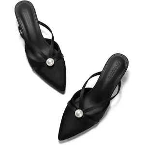 Coutgo Womens Pearl Kitten Heels Mules Closed Pointed Toe Sandals Satin Wedding Party Dress Shoes