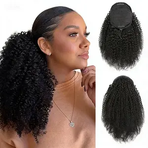 MISS ROLA Kinky Curly Ponytail Extension Kinky Straight Drawstring Human Hair Clip In 150% Density Real Vietnamese Virgin Human Hair For Black Women Yaki Hair Pieces Natural Black 26 Inch