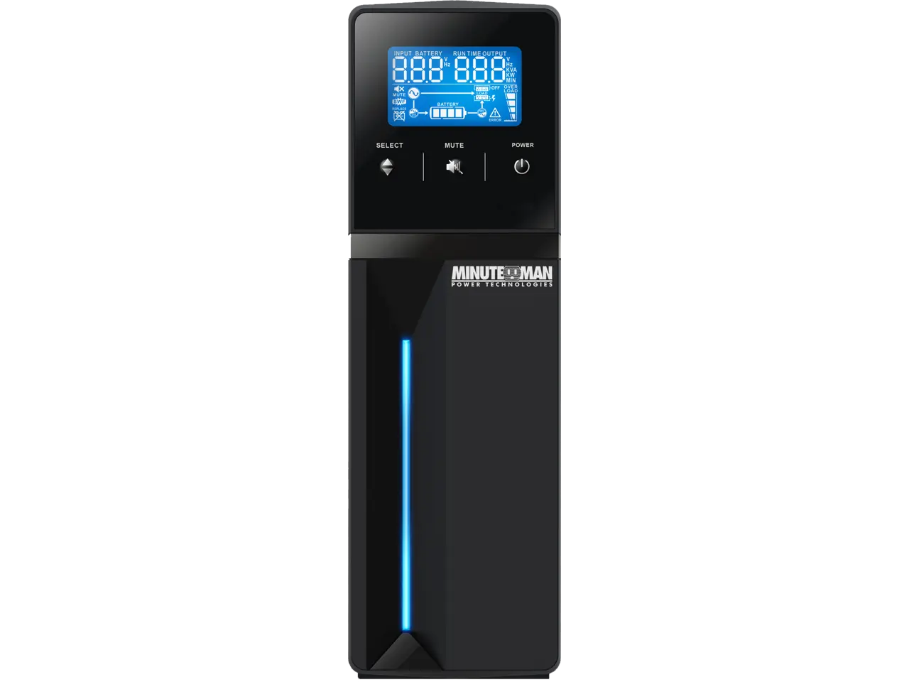 Minuteman ETR550LG 550VA/330 Watts, 120 VAC, (4)NEMA 5-15 On-battery receptacles, (4) NEMA 5-15 Surge-only receptacles, 6-foot power cord with NEMA 5-15P, 3 min. on-battery full load, 12 min.half load