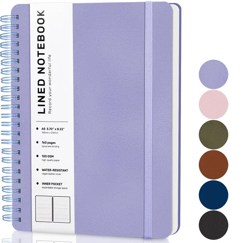 Lined Spiral Journal Notebook, A5 Hardcover Leather Notebook for Work, 5.7''×8.2'', 100GSM Thick Paper Spiral Bound Journaling Notebooks for Women & Men Office School Note Taking Business, Purple