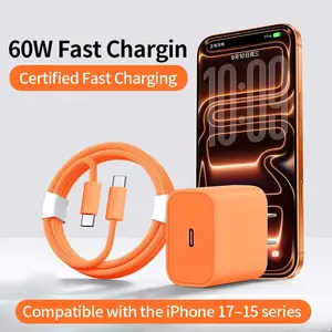 New iPhone charger: 60W portable charger adapter for iPhone 17 Pro Max; orange portable charging set compatible with iPhone 17 Pro; charging adapter set compatible with iPhone 17; Type‑C fast‑charging adapter; tablet charging set supporting PD fast chargi