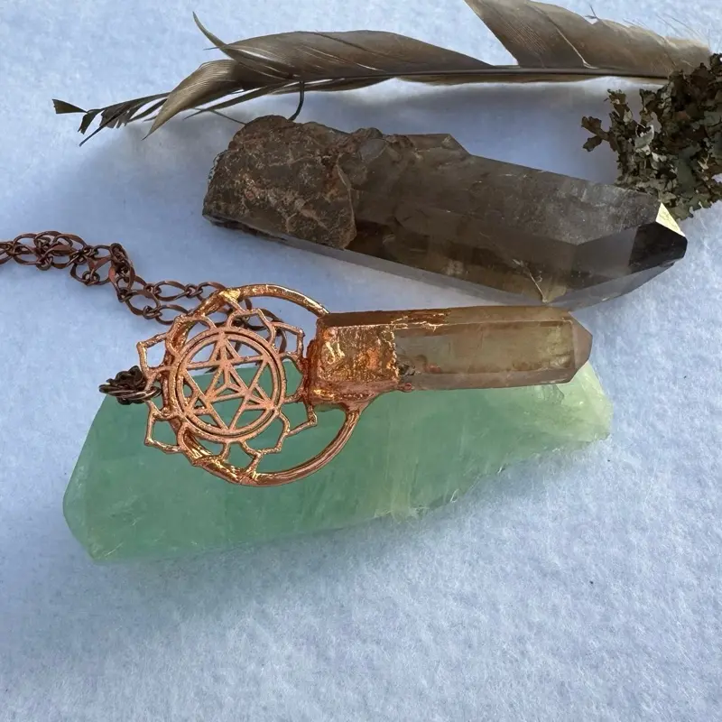 Brazilian Strawberry Quartz Point Copper Pendant - 2.75 inches Lotus Yoga Inspired