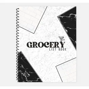 Grocery List Book, spiral book, planner + organizer, food menu, spending limit, budgeting, grocery shopping, black, white, marble