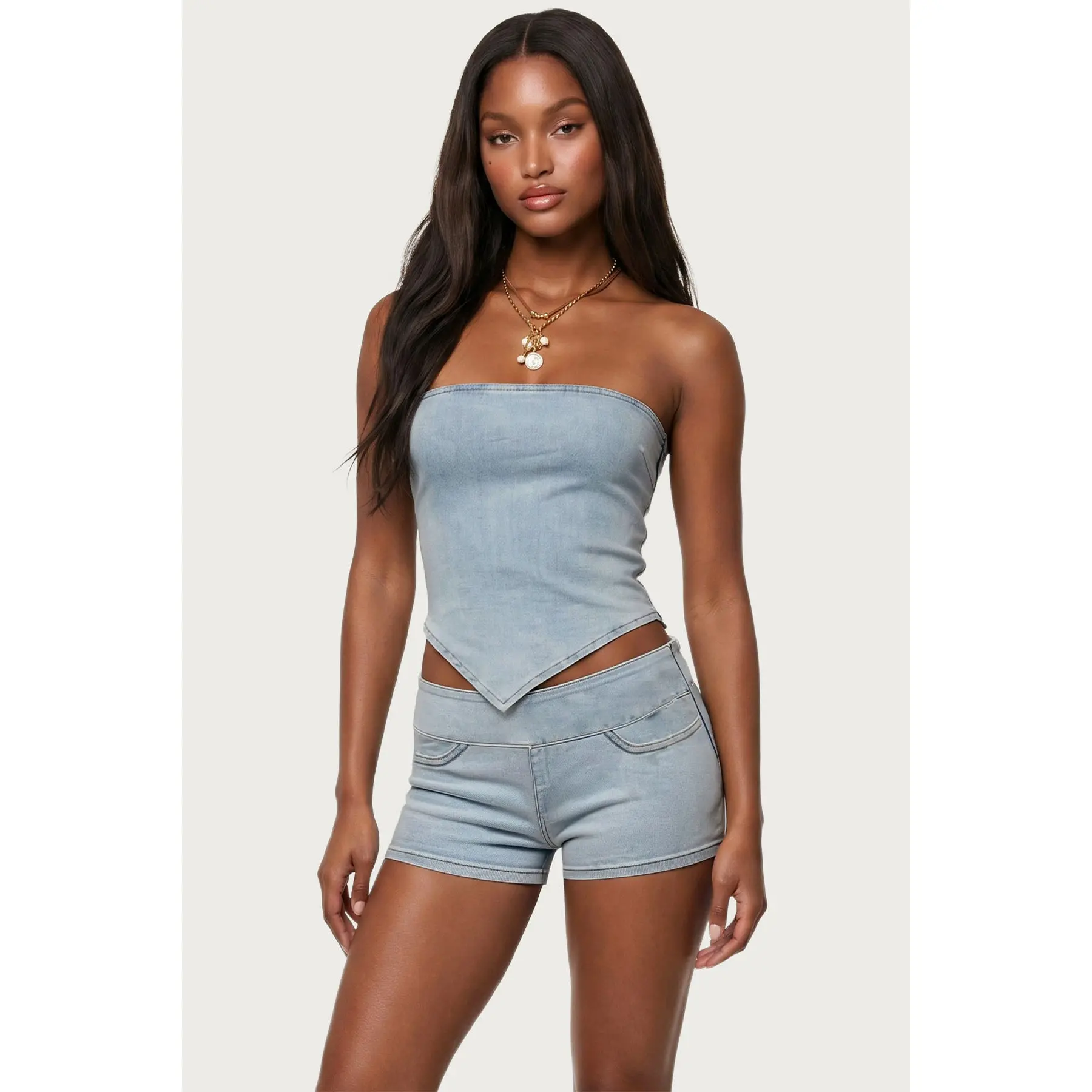 Zaida Asymmetric Denim Strapless Top