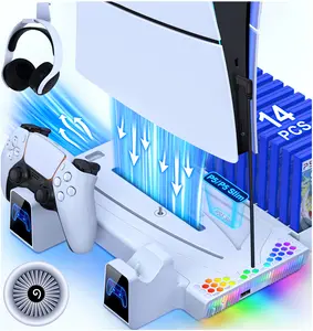 ESYWEN PS5 Slim Stand with Cooling Station & Controller Charger for Disc/Digital Consoles with 3-Level Cooling Fan, Headset Holder, and 14 Game Slots, Essential PlayStation 5 Accessories
