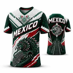 2026 Mexico Soccer Jersey, Mexican Aztec-inspired V-neck football fan shirt with eagle, snake, and Chichen Itza graphic