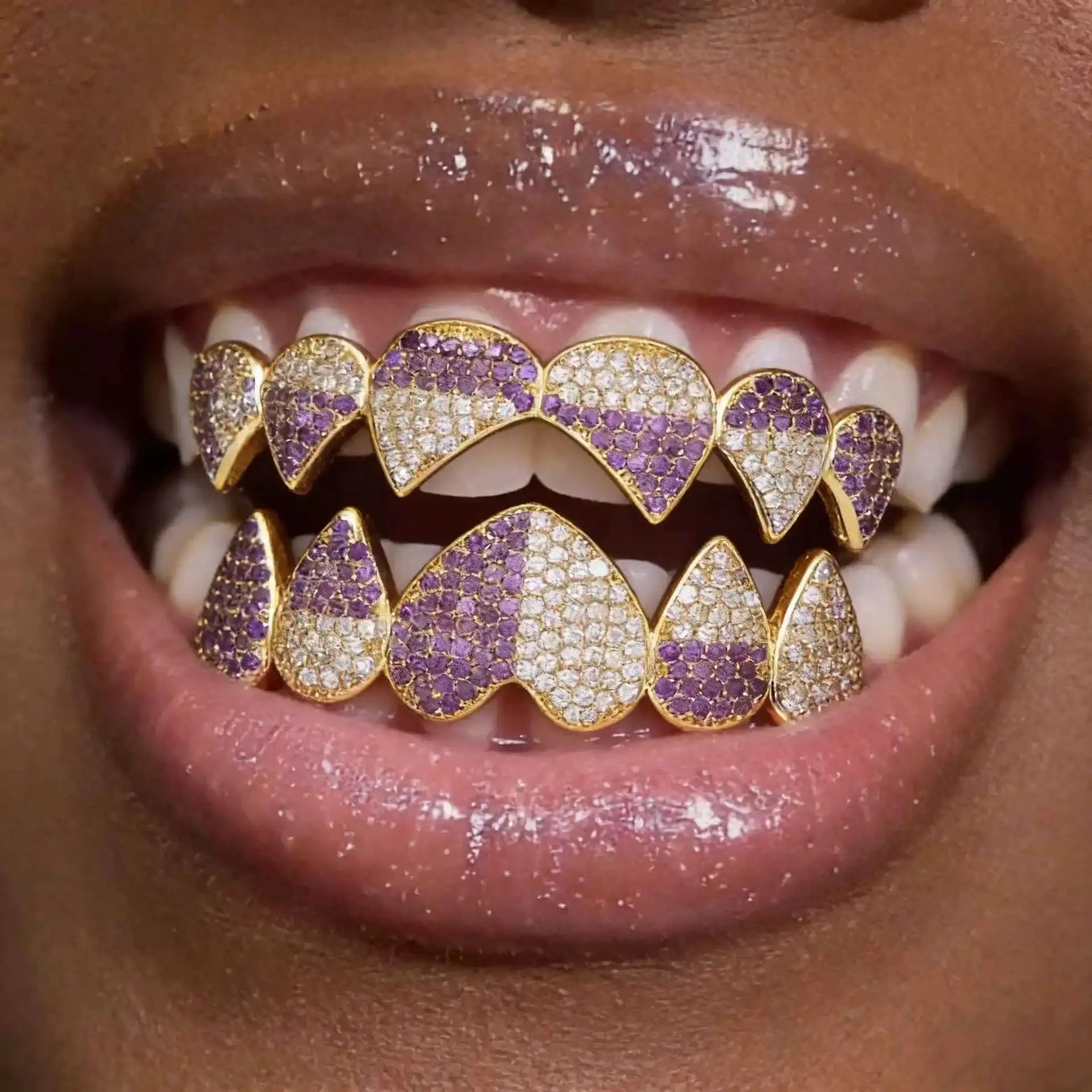 Elegant Big Purple Color Heart Zircon Tooth Caps For Women Men Vintage CZ Stone Teeth Grillz Jewelry Dental Grills