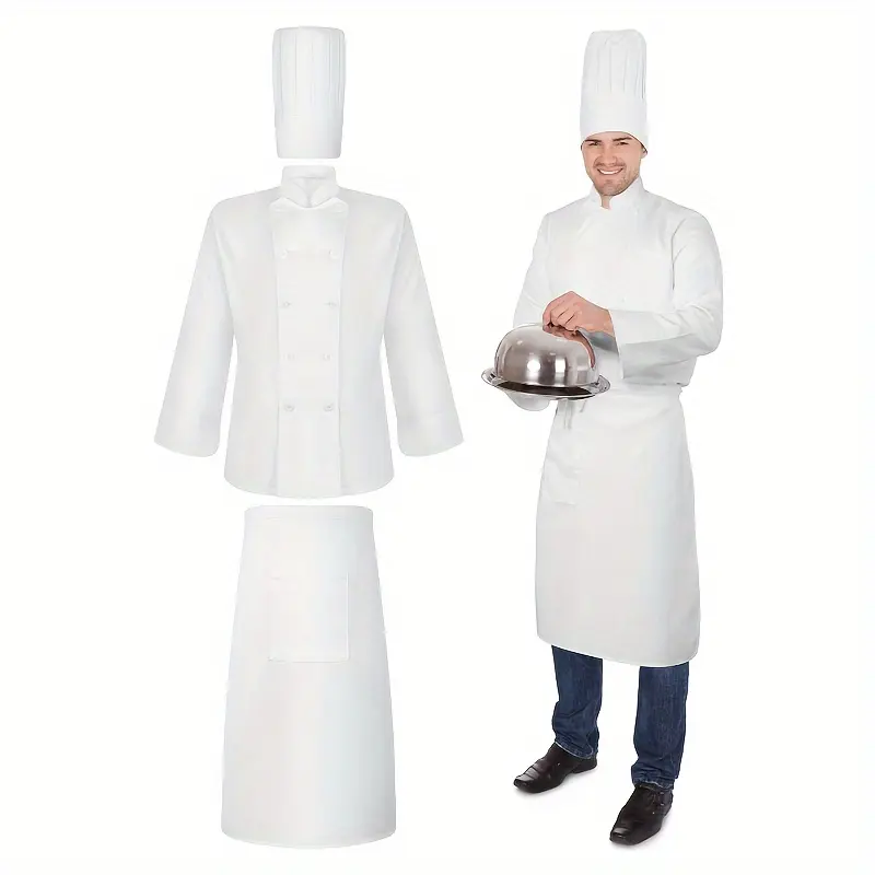 Halloween 3 Pcs Chef Unisex Costume Chef Tall Hat Coat Bistro Apron Set Chef Jacket Chef Coat Chef Apron for Man (Long Sleeve, White, Medium) Menswear Clothing