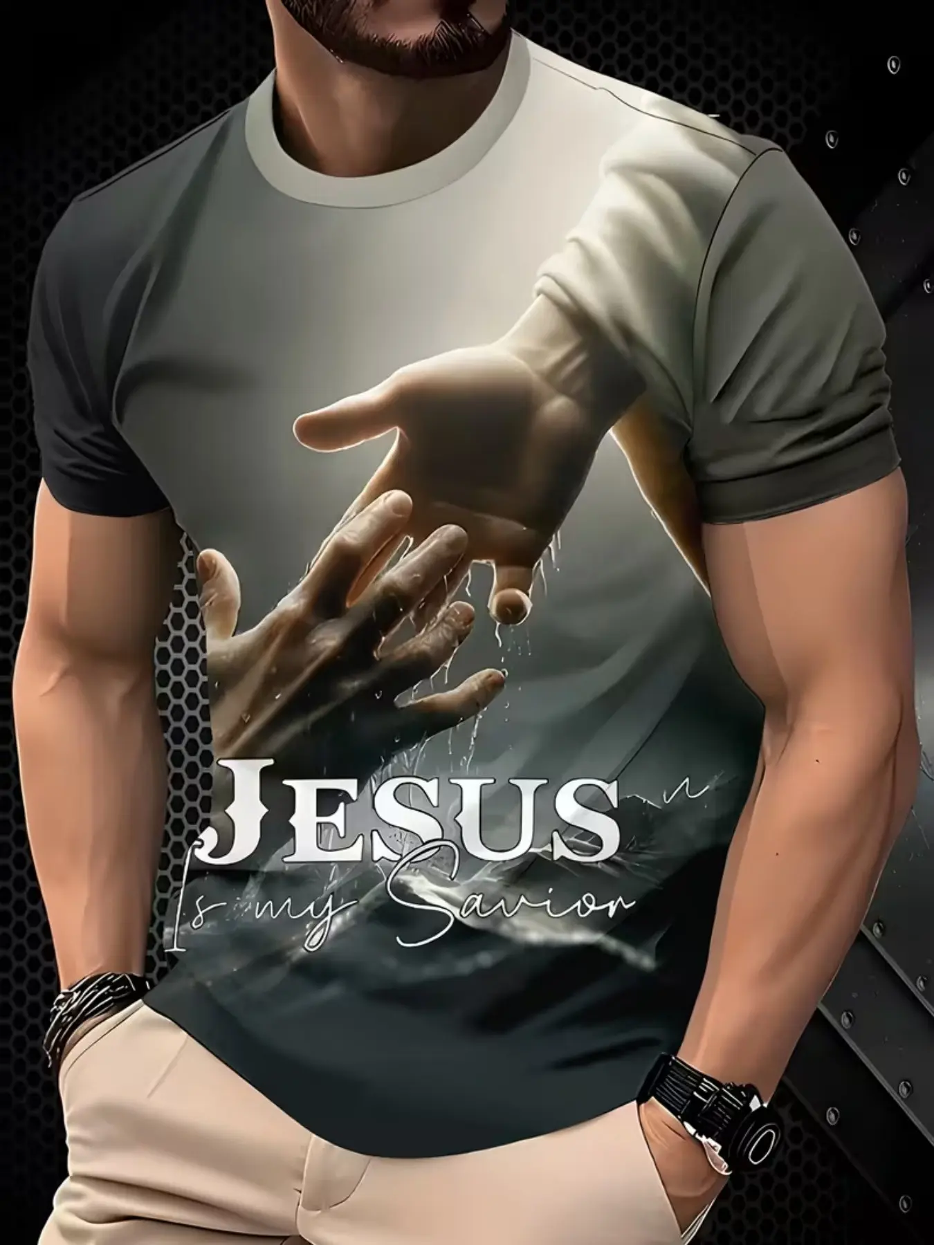 Men's Jesus Is My Savior Faith Short Sleeve Crewneck Graphic T-Shirt, Fashion Trendy Christian Culture Shirt, Casual Fitted Long Tee for All Seasons, Menswear, Round Neck