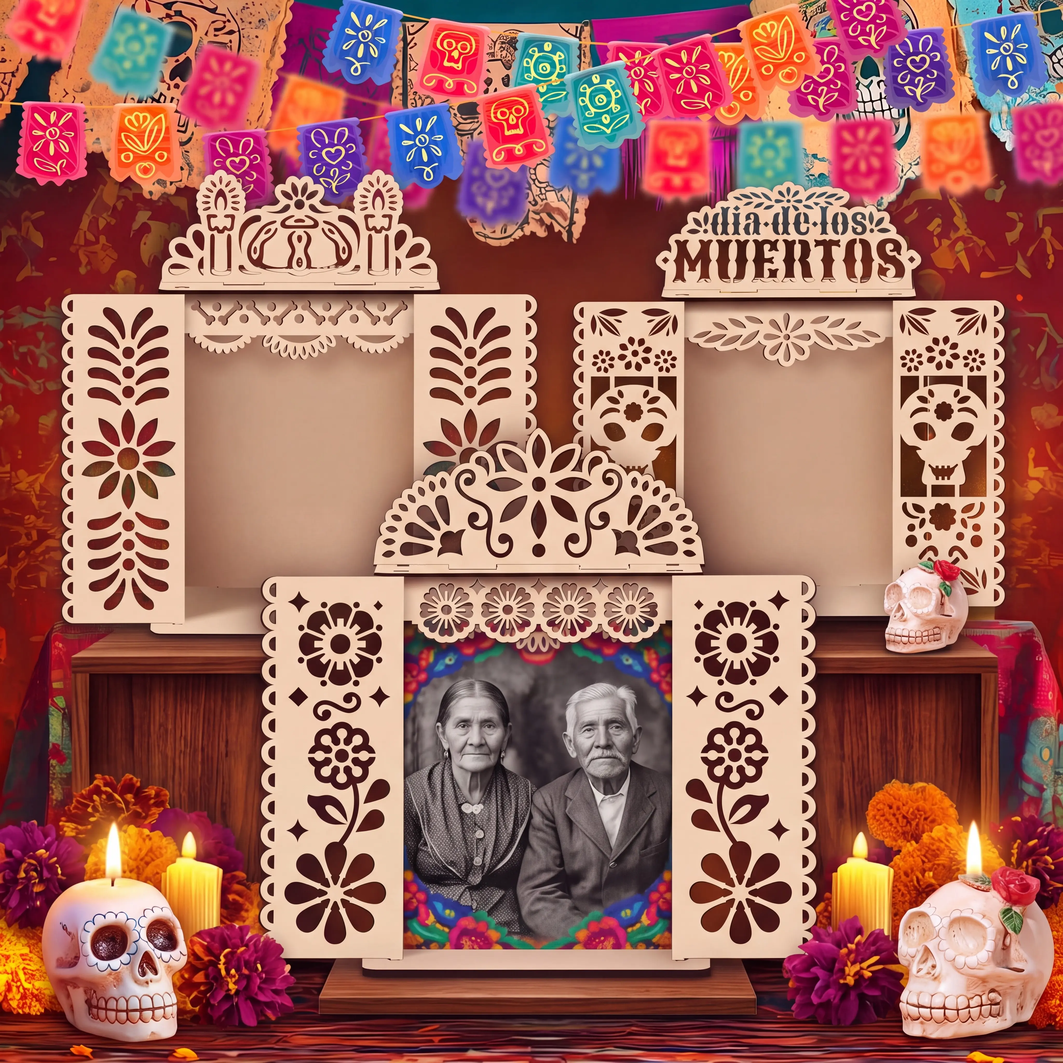1/3Pcs Dia de los Muertos Ofrenda Shadow Box, Day of the Dead DIY Wooden Picture Frame for Altar Decor, Papel Picado Mexican Style Memorial Keepsake Display, Remembrance Gift for Family Ofrenda