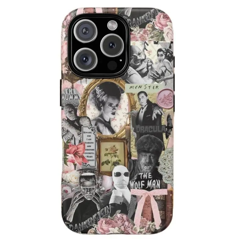 Retro Universal Monsters Floral Silicone Smartphone Case, Slim Anti-Drop Protective Shell, Frankenstein Bride & Wolfman Design Accessories for iPhone 16/15/14/13/12 Pro/Plus Handheld Rubber Cover