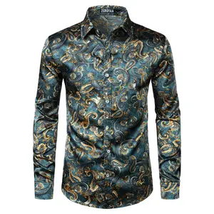 ZEROYAA Men's Hipster Fitted Silk Like Satin Dress Shirt Long Sleeve Button Down Printed Shirt for Party Prom fourth july shirt summer outfits men funny shirts
