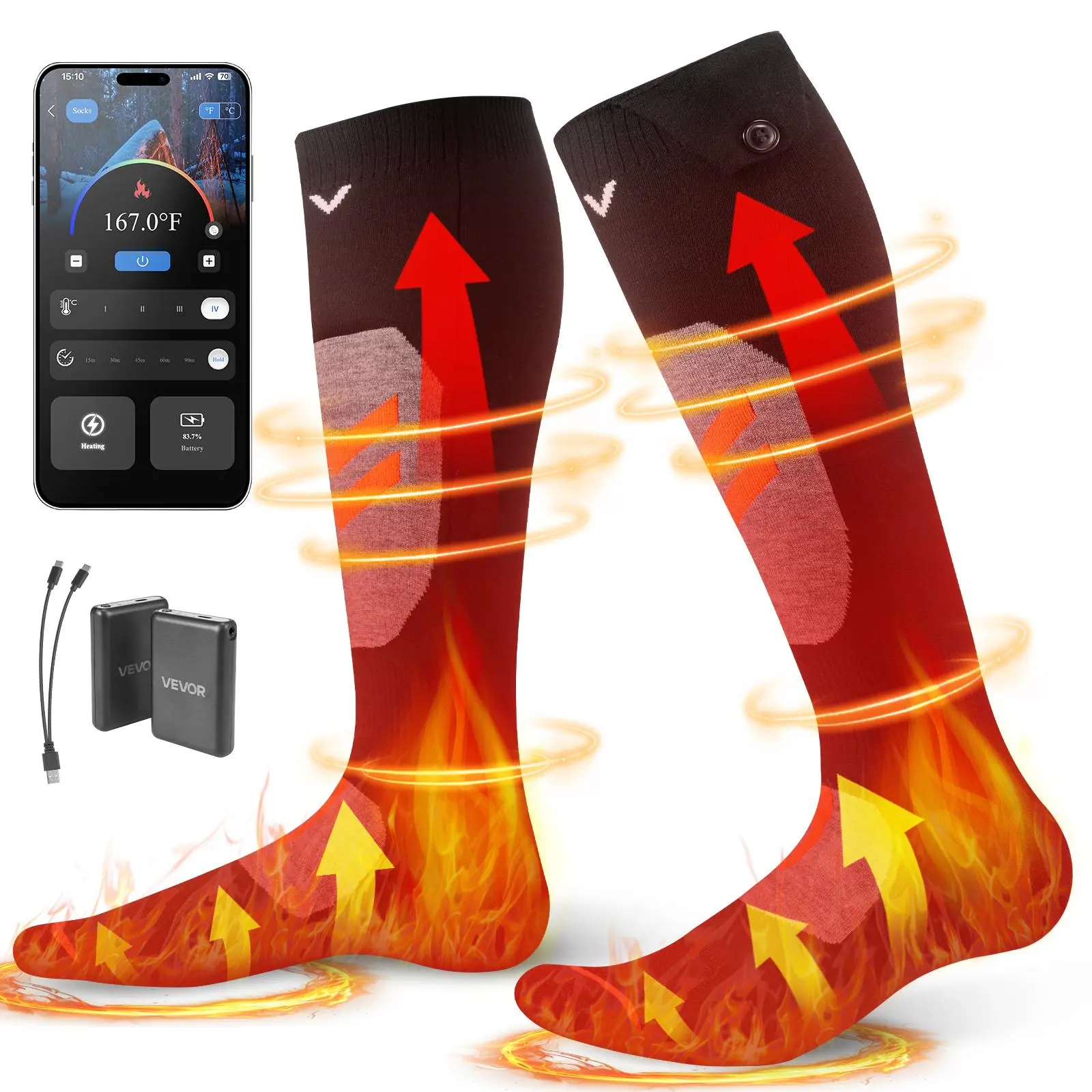Unisex Heated Socks, Solid Modal Fiber Rechargeable Socks with 4 Heat Levels and 5000mAh Battery for Outdoor Cold Weather, 4 Levels Heat