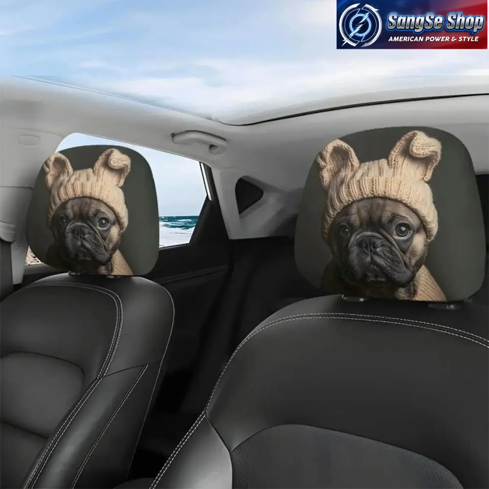 Bulldog Print Car Headrest Covers, 2/4 Pack Decorative Knitted Seat Protectors with an Elastic Fit, Washable Car Accessories for Road Trips, Knit Fabric, Interior Decor, Protects Seats, Easy Installation, Quick Installation, Travel-Ready, Unique Pattern,,