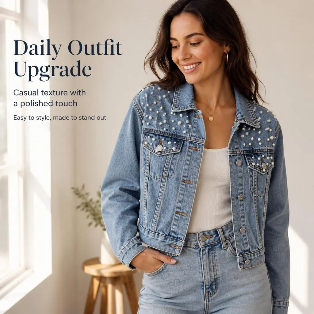 Women’s Pearl-Beaded Cropped Denim Jacket - Classic Lapel Button-Up Long-Sleeve Loose Casual Outerwear for Daily Street Outfits