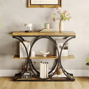 39" Narrow Console Tables, 3-Tier Industrial Sofa Table with Round Metal Base and Storage Shelves for Entryway, Living Room, Hallway, Foyer, Multiple Colors