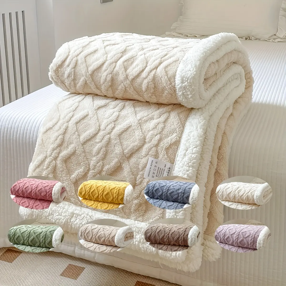 1pc Sheepskin Blanket (90"x90" Queen Size), 3D Fashion Design, 400gsm Plush, Super Soft, Warm, Comfortable, Suitable for Sofa, Living Room, Bed