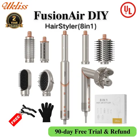 UKLISS FusionAir Multi-Styler - 6-in-1 & 8-in-1 Hair Styling Tool with Attachments, High-Speed Dryer, Auto Curler, Hot Air Brush, Straightening Styler, Diffuser for Salon Bouncy Blowout Hair, Frizz Control, Volumizing, Champagne Gold