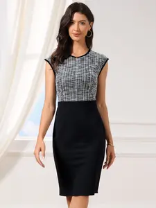 INSPIRE CHIC Work Dress for Women Tweed Patchwork Crew Neck Cap Sleeve Office Business Bodycon Pencil Sheath Dresses Black