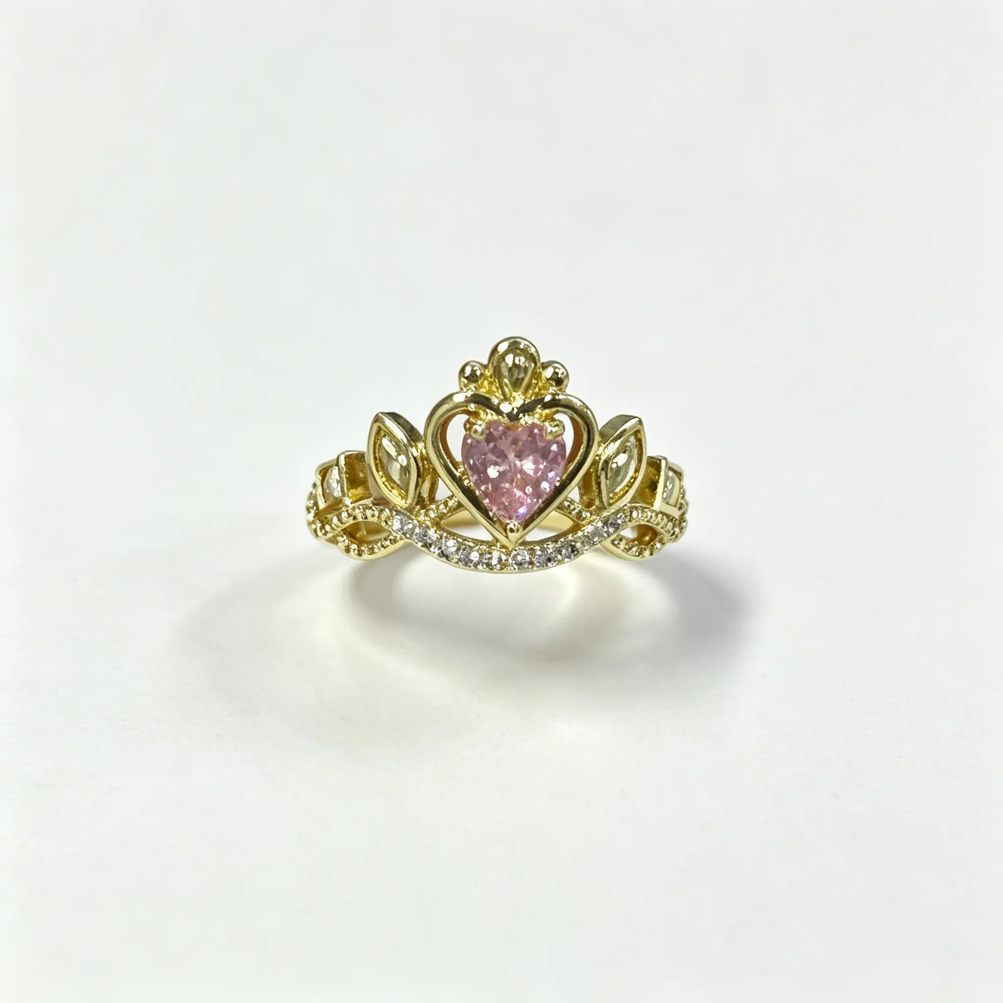 #JYVintage Queen Crown Pink Heart Ring Shiny Cubic Zirconia Open Adjustable Gold Ring Romantic Gift For Girlfriend Wedding Party Daily Wear