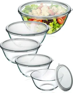 5-Piece Nesting Transparent Stylish Thick Borosilicate Glass Mixing Bowls with Lids (4.78QT, 2.2QT, 1.7QT, 1.1QT, 0.85QT) - Dishwasher, Microwave & Freezer Safe Kitchen Bowls for Baking, Prep, Storage
