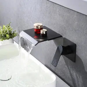Wall Mount Bathroom Faucet with Waterfall Spout, Single Handle Bathtub Filler Faucet with Rough-in Valve, High Flow Wall Mounted Sink Faucet for Modern Bathroom