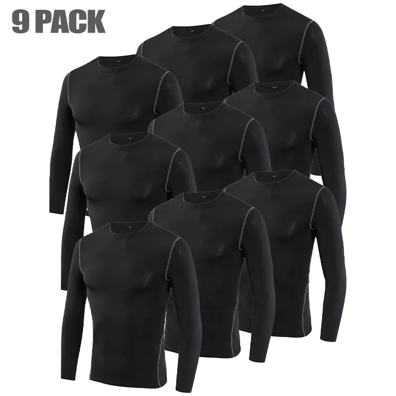 Youth Boys' 9-Pack Compression Thermal Base Layer T-Shirts, Polyester Blend, 4-Way Stretch, Quick Dry Moisture-Wicking Fleece Undershirts, Multi-Sport Apparel for Soccer & Baseball, All-Seasons Athletic Wear