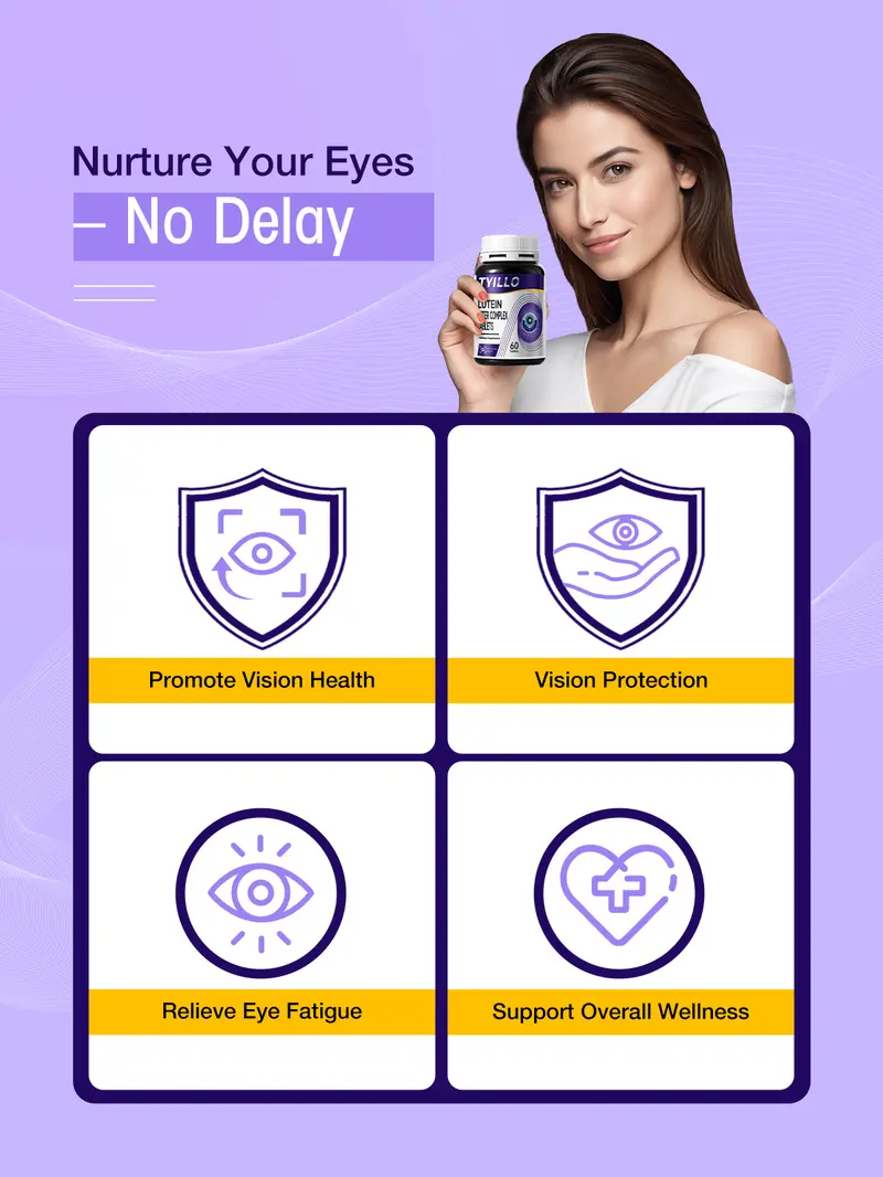 Product Introduction of Tyillo Blueberry Lutein Ester Complex Tablets，Support eye health，Nutrition & Wellness-with Lutein ester 10.1mg, zeaxanthin 2mg-Take care of your eye health，Moisturize the eyes，Suitable for daily dietary vitamin supplementation-60 Tablets. 8