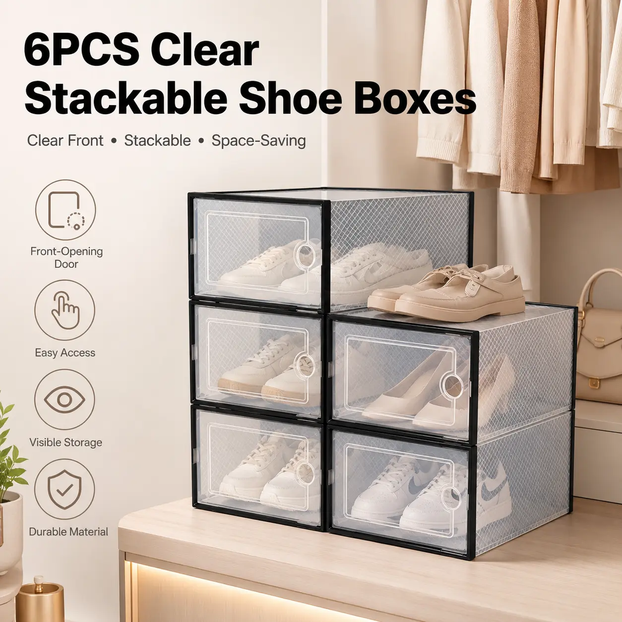 6PCS Clear Stackable Shoe Storage Boxes with Front-Opening Doors, Dust-Proof Space-Saving Sneaker Organizer for Closet, Bedroom & Entryway