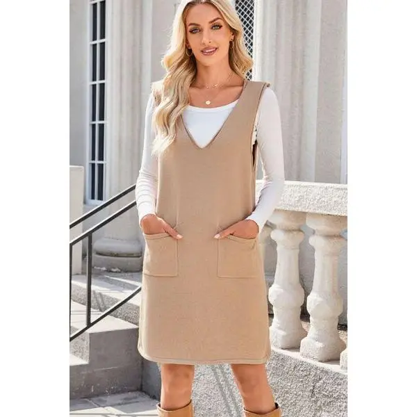 Lovelet Pocketed V-Neck Mini Sweater Overall Dress