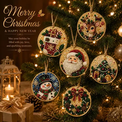 6Pcs/12Pcs Festive Sparkling Wood Base Christmas DIY Resin Diamond Painting Ornaments Kit, Xmas Tree Hanging Pendant, Handmade Craft Gift for Holiday Home Party Decor