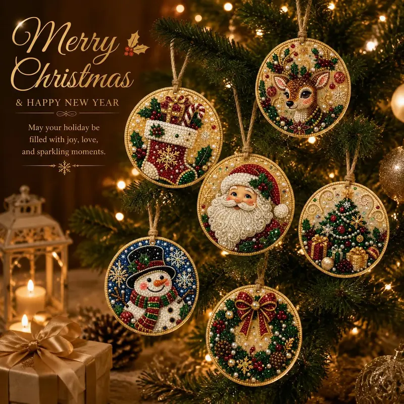 6Pcs/12Pcs Festive Sparkling Wood Base Christmas DIY Resin Diamond Painting Ornaments Kit, Xmas Tree Hanging Pendant, Handmade Craft Gift for Holiday Home Party Decor