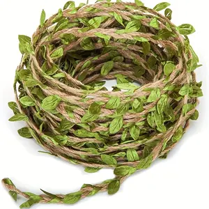 1Roll 10m/393.7inch Artificial Vine Hemp Rope Burlap Leaf Ribbon For Jungle Safari Birthday Party Decor, Handmade Braided Rope Braided Decorated Vine For DIY Art & Crafting Home Packing Decor Party Decoration, Home Decor, Room Decor, Wall Décor
