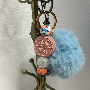 Faith Over Fear Keychain with Blue Pom-Pom and Colorful Beads for Stylish Accessory