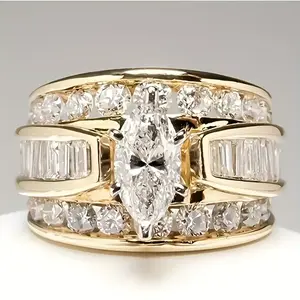 Gold Three-Row White Diamond Engagement & Wedding Ring for Women Girls Elegant Design Special Occasions Fashion Jewelry Silver Decorative Luxury Thicken Hood Alt Chunky Snake Icicle Clasp Cuban Chain Stainless Steel Real Rings Parity Everyday