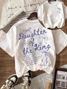 The King's Daughter' Graphic T-Shirt, Biblical Aesthetic Faith Apparel For Women, Casual Round Neck Short Sleeve Tee With Printed Text On Back Summer