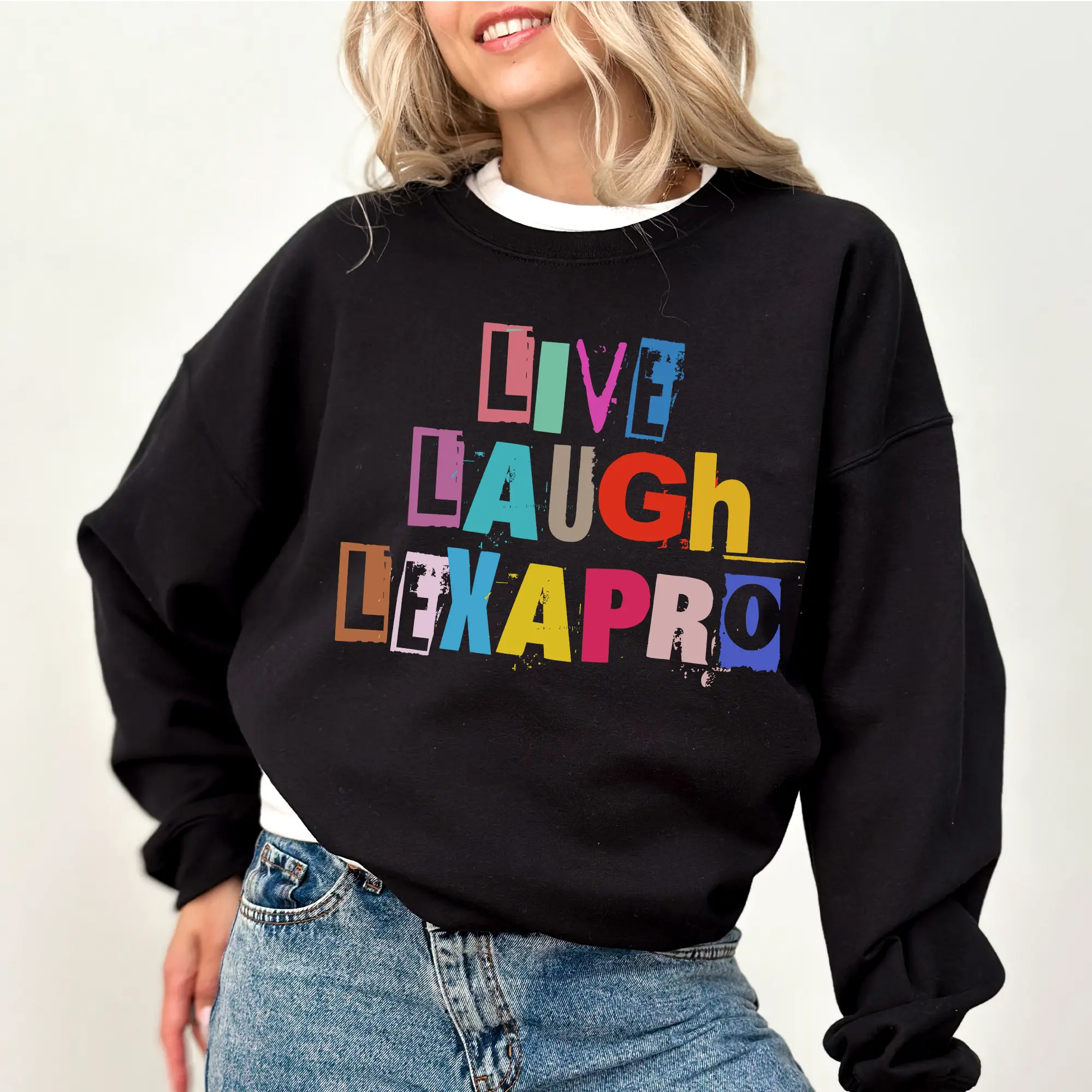 Women's Fitted Ribbed Round Neck Cotton Soft Longsleeve Printed Sarcastic "Live Laugh" Athletic Sweatshirt - Polyester Yarn Fabric, Comfortable Casual Mental Health Crewneck Therapist Pullover Tops