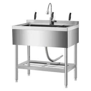 35 in Freestanding Stainless Steel Utility Sink with Pull-Out Faucet, Adjustable Height Laundry Tub with Hot & Cold Water, Basket, Shelf & Drain Kit for Kitchen, Garage, Outdoor, Basement