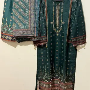 Benchmark Style Beaded Organza 3 Pieces in Teal with Intricate Gold Embroidery and Colorful Borders