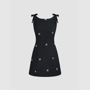 Cider Boat Neck Floral Embroidery Bowknot Mini Dress