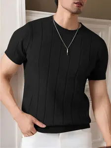 Summer Men's Ribbed Knit Short Sleeve T-Shirt, Solid Color Round Neck Slim Fit Top, Casual Office Wear, Lightweight and Comfortable