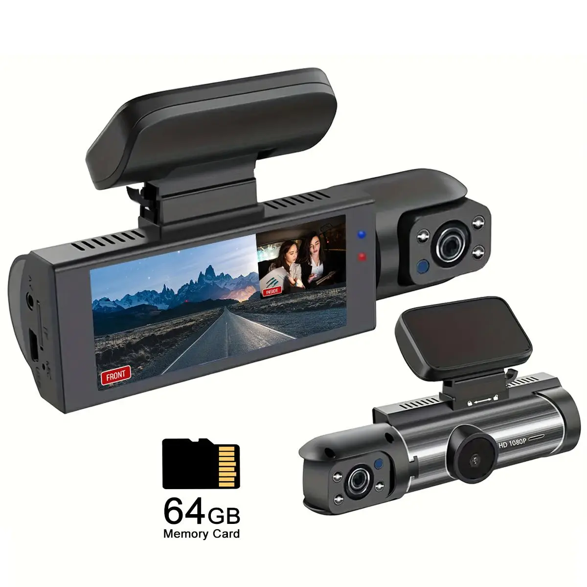 Dual Recording Car DVR Camera, Dash Cam with 64GB Memory Card, Wide Angle Car Dash Camera with 3.16 Inch lPS Screen, Video Surveillance, Jerl Dash Cam