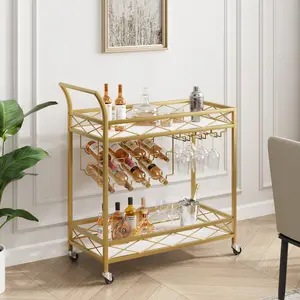 Gold Bar Carts with 2-Tiers Storage Shelves，Mobile Kitchen Seving Carts on Wheels with Wine Rack and Glass Holder for Kitchen, Living Room, Dining Room