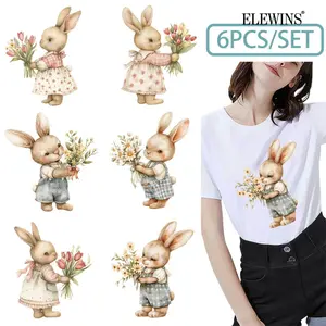 6 Pcs Rabbit Flower Hot Stamping DTF Transfer Film Machine Washable Heat Transfer Vinyl for T-shirts Hoodies Jeans Backpacks Pillows Unisex Handcraft