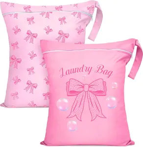 2 Pcs Large Travel Laundry Bags Waterproof Wet Dry Bag, Washable Dirty Clothes Bags for Travel, Drawstring, Bathing Suit, Workout, Gym Clothes Laundry, Swimming Pool & College Dorm, Pink Bow