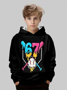 Boys' Baseball Number 67 Sweatshirt, Sweet Cool Melted Style, Trendy Hooded Pullover, Graphic Hoodies, Casual Long Sleeve, Fall & Winter Fashion, Game Day Sweatshirt, Funny Sweatshirt
