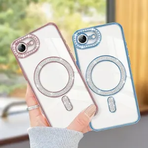 Magnetic Phone Case with Glittering Rhinestones Designed for Iphone 16E 17 16 15 14 13 12 11Pro Max Includes Lens Protector And Shockproof Protection