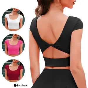 Workout Tops for Women Short Sleeve Longline Sports Bra Open Back Athletic Crop Top Yoga T Shirts with Built in Bra