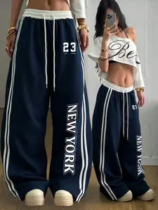 New York Vintage Style Wide Leg Sweatpants, Trendy Y2K Streetwear with Retro Print and Striped Detail, Perfect for Spring & Fall