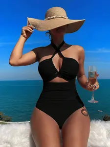 Ladies' cross pleated sexy hanging neck and exposed waist one-piece bikini swimsuit